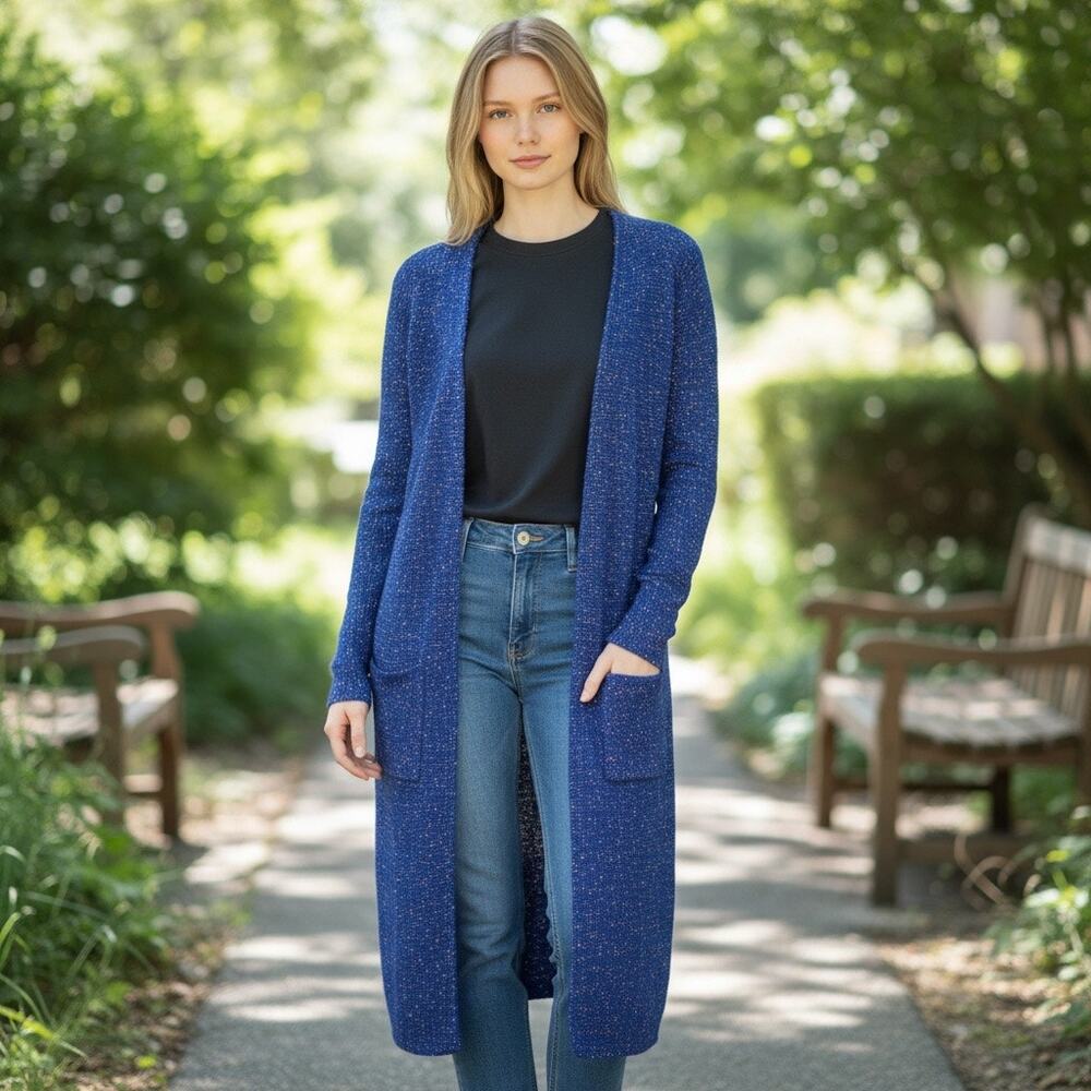 LuLaRoe Royal Blue Speckled Knit Longline Duster Cardigan Sweater Womens Medium